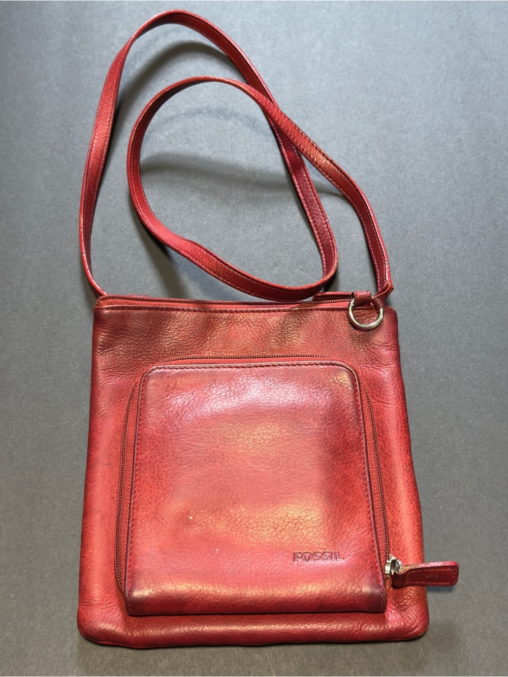 Fossil Red Leather Crossbody with Front Zip Pocket